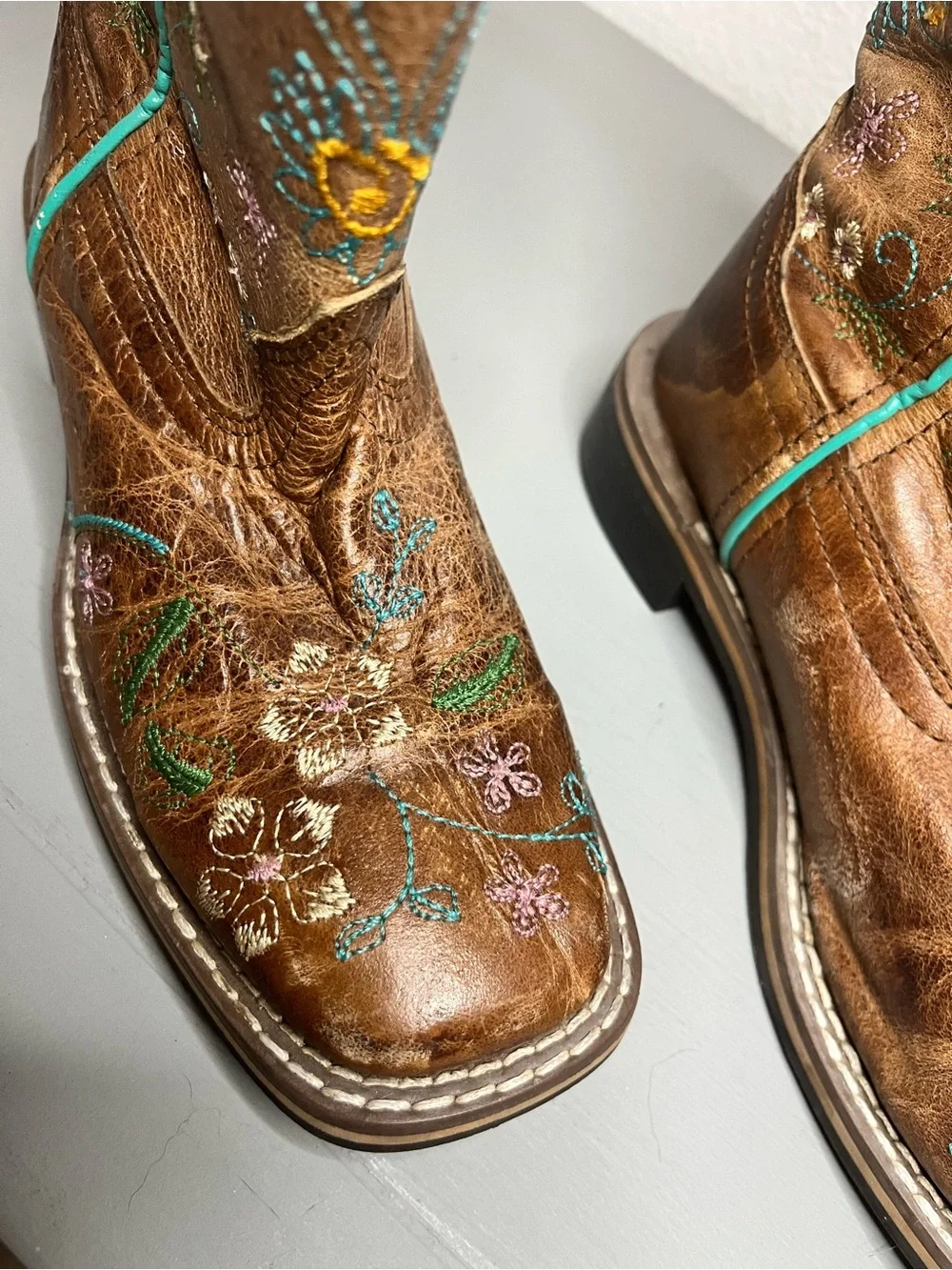 Smoky Mountain Kid Antique Floral Embroidery Leather SquareToe Cowboy Boots 13.5